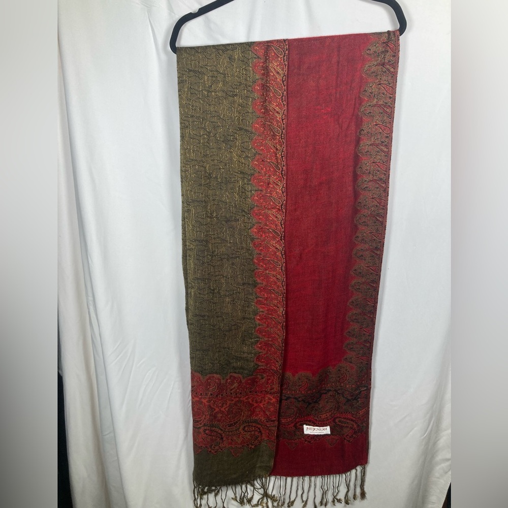 Pashmina Red and Brown Paisley Scarf 100% Pashmina - Picture 6 of 10